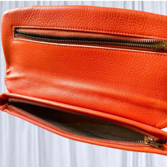 Vintage Orange Leather Clutch Purse Handbag Flap Top Zipper Suede Lined - Picture 10 of 10
